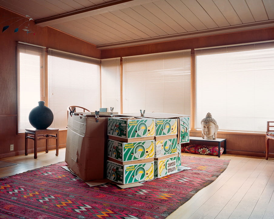 Photo of a living room of a middle or upper class house, with a homeless shelter built from carton boxes