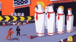 Illustration of two human figures playing bowling with giant ninepins