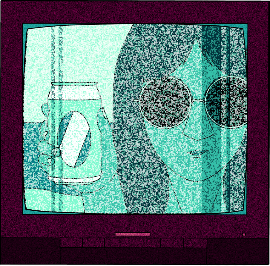 Illustration of a distorted tv, showing an add for a drink