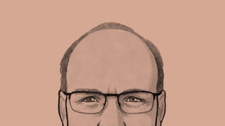 Cropped black and white illustration of a person's head shot, showing the top of their head, with short hair and glasses, sides of nose showing and part of ears