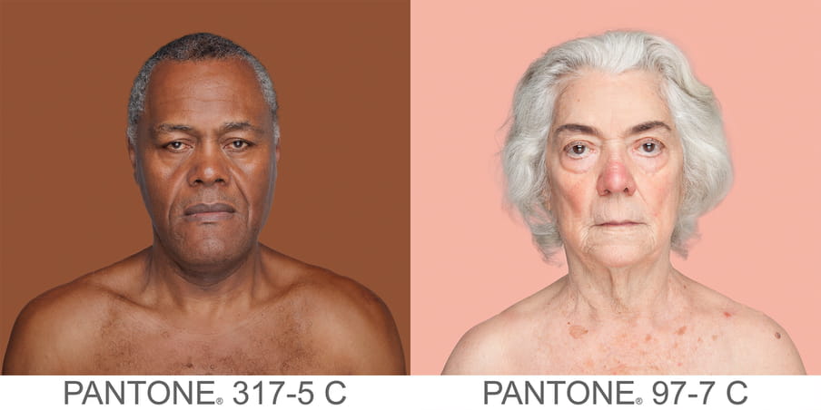 Two photographic portraits of a older man and woman. The background is a sample of 11 x 11 pixels taken from the nose of the subject and matched with the industrial pallet Pantone®. The pantone color is written out underneath the portraits, for the man PANTONE 317-5C and for the woman PANTONE 97-7C.