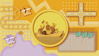 Illustration of a yellow coin. The image on the coin shows three people at sea on a small boat. In the background there are icons related to migration.