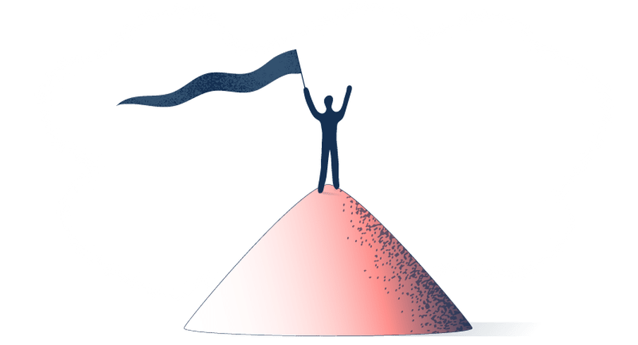 Illustration of a little human-like figure standing on top of a little pink hill, waving a dark blue flag.