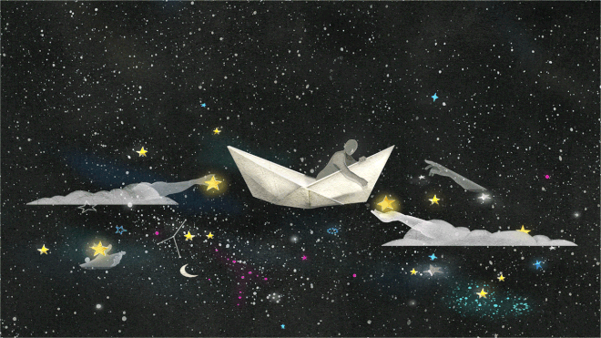 Illustration of a night sky with a boat made of paper floating in it. A character reaches out to a star.