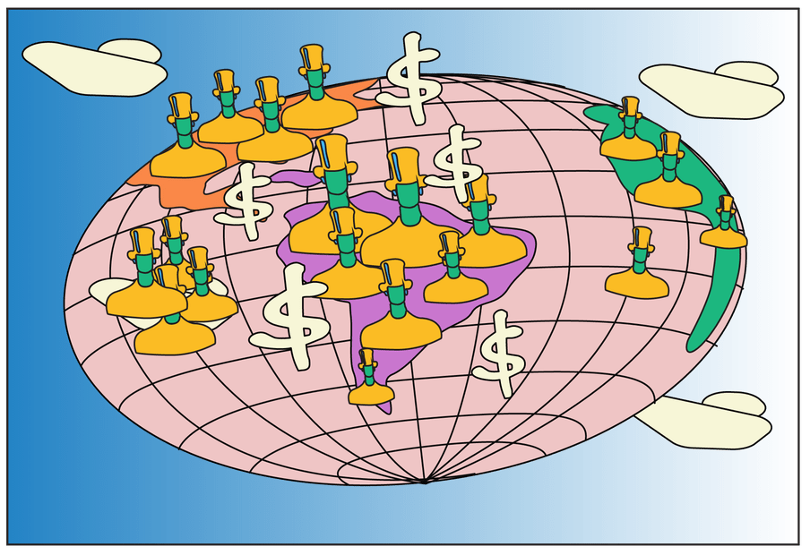 Illustrated planet, as a pink geometric ball, with green pawns wearing yellow tops and top hats, stamped around the continents of the Americas (in orange at the top and purple below), Australasia (in white), and a bit of Africa (in green). Four white cartoonish dollar signs arise from the centre of the planet. In every corner bar the bottom left, we see a white shape resembling a cloud or ship, against a blue background.