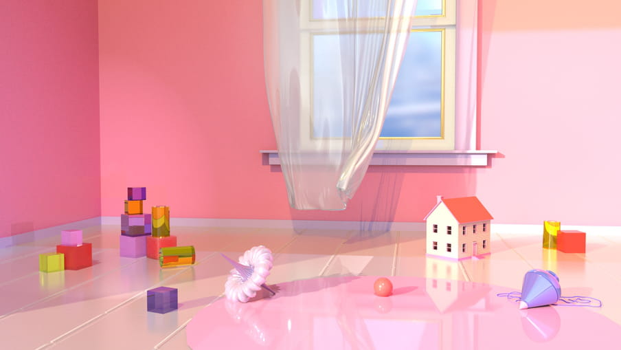 Pink 3D illustration of walls with a window pane & sill, transparent white curtains billowing, series of toys on the flower: red, purple, yellow, orange and green cubes stacked to the left, but also a white and lilac spinning top centre left, a ball centre right, a small white house with windows and a roof to the right, a lilac spinning top and further two orange and yellow cubes to the back and right. The floor is tiled transparently but has the sheen of the pink from the walls