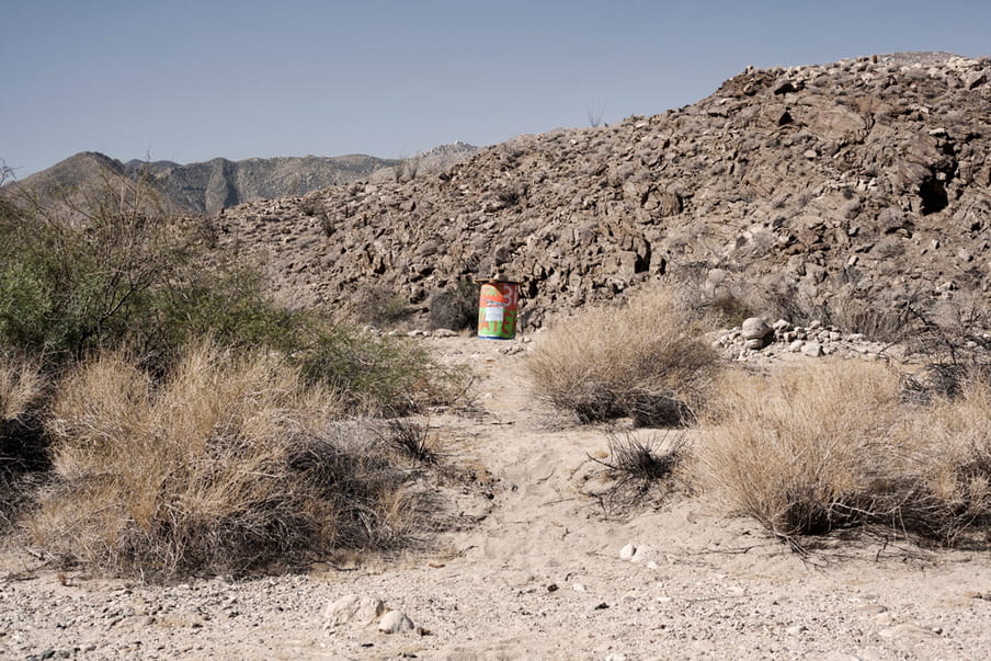 A water station where volunteers leave supply of water. In the picture we can see also the track of someone that went to the water station. The volunteers usually deploys the water station where they found some tracks or remains of immigrants.