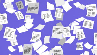 Illustration of sheets of blank papers falling down against a purple background showing legible Brexit handwritten newspaper headlines through the years. One reads: '29 Jan 2019: After debate, MPs approve May's plan B deal'