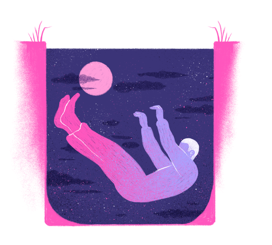 Illustration of figure freefalling, arms and legs raised, seemingly underground (pink roots seem to be growing up along either side of this image), against the backdrop of a dark purple sky, with a pink moon and clouds