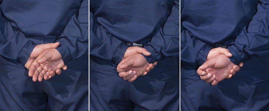 Depiction of a border guard’s left hand’s palm holding the back of his right hand behind his lower back. Only his hands above his backside and his back are shown. He’s wearing a blue guard uniform.