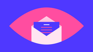 Pink eye-shape against a purple background, with an open white envelope in its centre-middle, and a purple paper rising out of it as if it were the pupil of the eye. The paper has three pink straight lines and one smaller white line at the top. 
