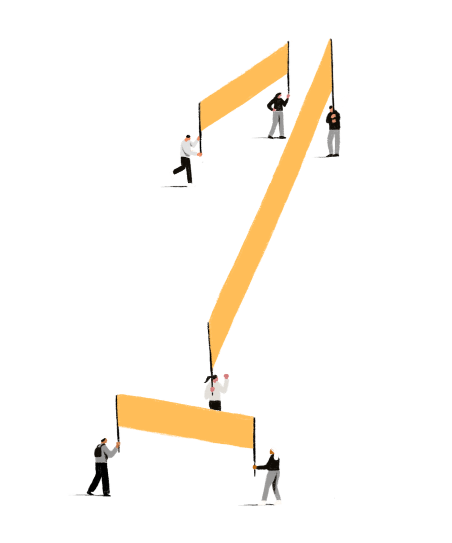 Illustration of people holding yellow banners, together forming the shape of the number 1