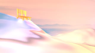 Illustration of a snowy mountain peak with a lower peak, covered in snow, against a pink sky, and with a yellow bench on top of the peak