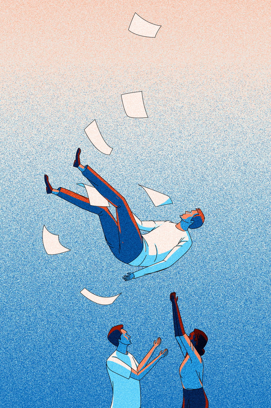 Illustration of a man falling from the sky, surrounding by paper. Two people underneath him have their hands up, either catching them or trowing him back up. The top of the background is orange with a gradient into blue at the bottom. 