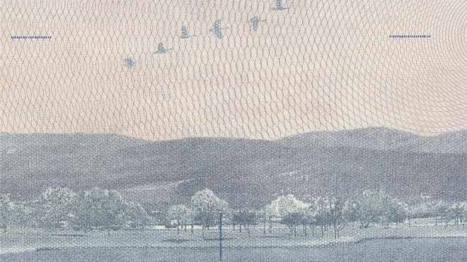 Excerpt from passport - a visual showing a mountain landscape with birds flying above it