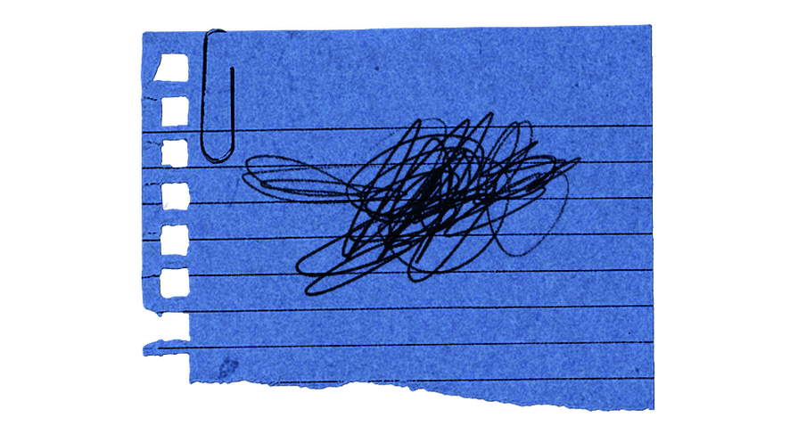 Illustration of a torn off blue piece of paper with a paperclip on it and pen scribbles