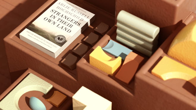 What looks like a brown foam-looking staircase with inlaid margins, upon which rest pastel yellow, blue, orange and white foam-looking arcs or shapes in 3D shapes. The light on this scene casts a shadow on the different depths of the drawers. On the lowest level is a white book by 'Arlie Russell Hochschild' called 'Strangers in Their Own Land'. 