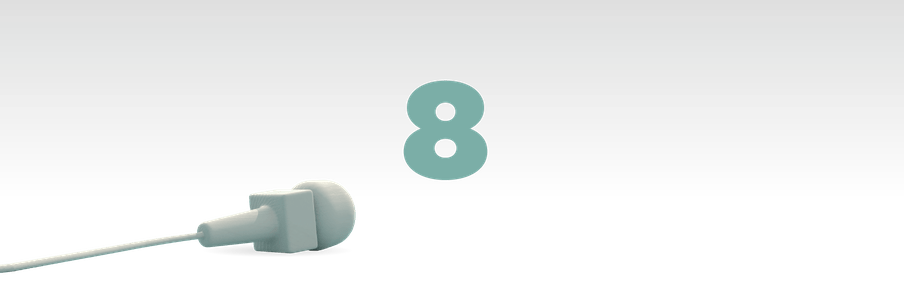 Illustration of the number eight in green with a mic laying in front of it 