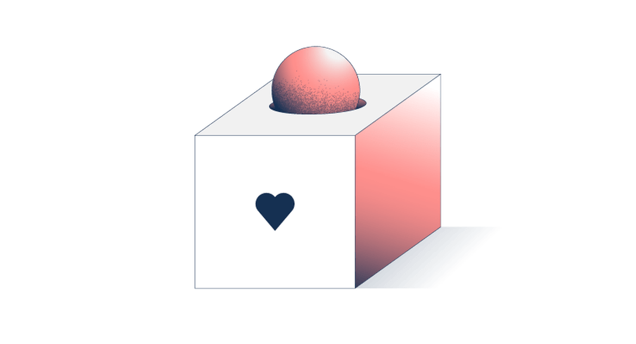 Illustration of a box with a heart drawn on it. A ball is added into the box.