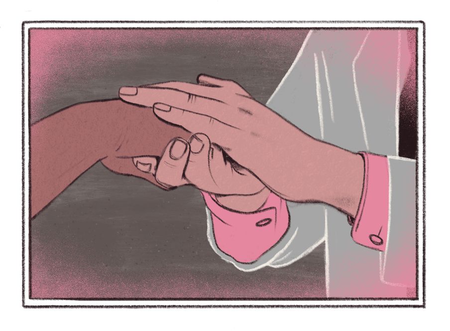 Illustration of a brown skinned hand being held in two whiter skinned hands; we see only pink shirt cuffs and a white jacket of the person on the right