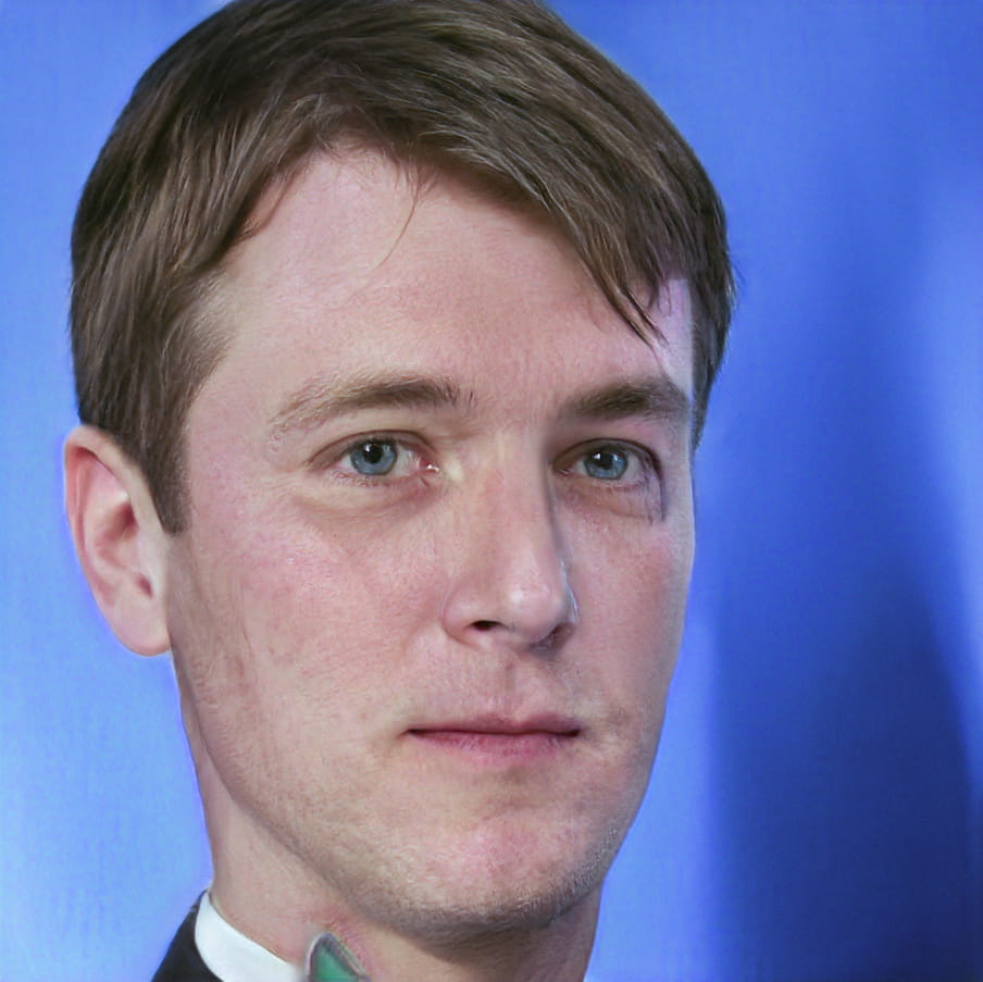 AI-generated portrait of a young man with blue eyes on a blue background.