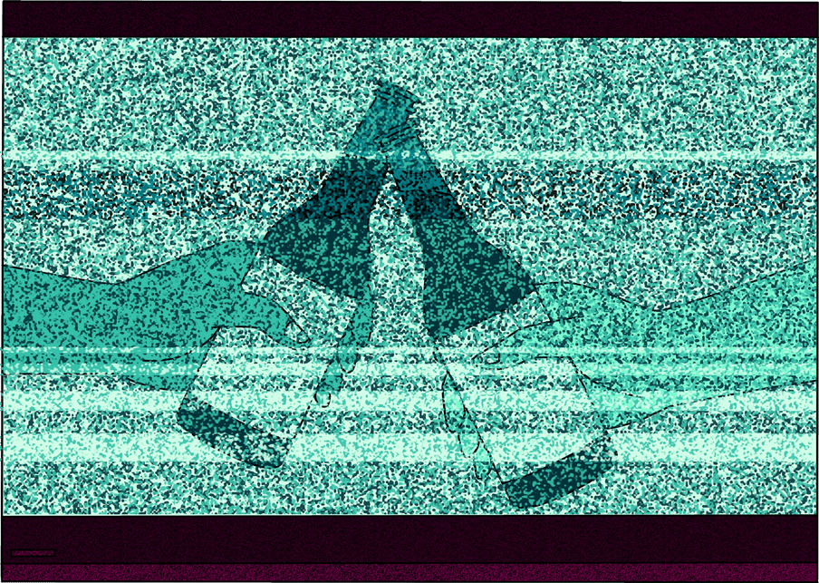 Illustration of a distorted tv, showing an add for a drinks