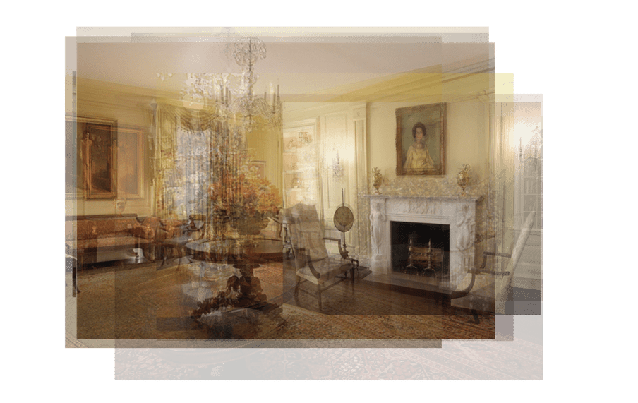 Multiple transparent images of the White House’s sitting area, are layered on top of each other. On all the edges the quantity of images is visible. Together they show a blurred image of the sitting room. Vaguely you can see a table with flowers, a fireplace and a couch and chairs. 