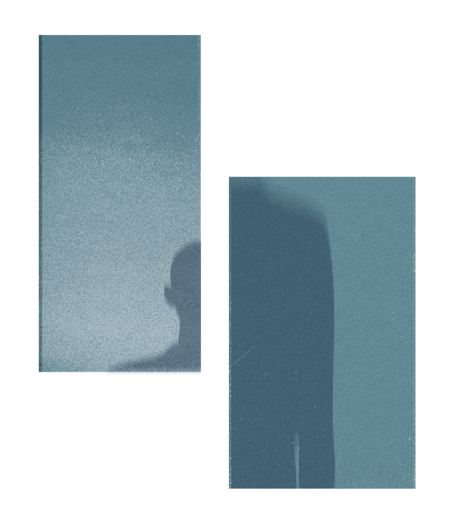 Illustration of two rectangular shapes filled with a grey and blueish tone. Within the shapes parts of a human silhouette are seen.