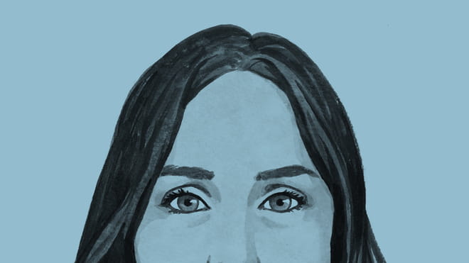 Illustrated avatar of a woman with dark hair, a close up of the top of her head and eyes - on a blue background