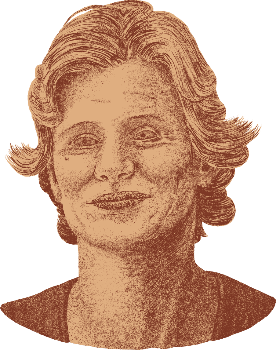 Illustration of a womans face, with short hair and a small smile, drawn as if she’s a statue