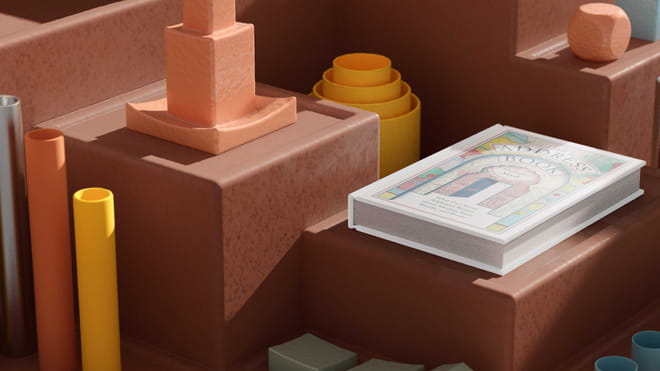 3D warm toned illustration of a well-lit white book lying on top of a brown box, with brown boxes leading down as steps around it, and random yellow, orange and grey poles or circular standing objects around