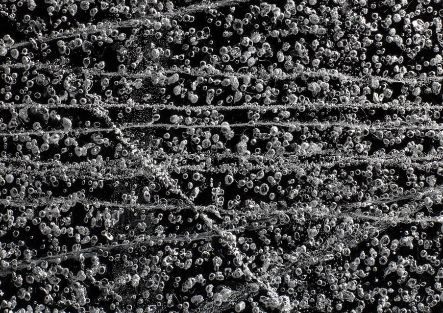 Close up photo of a block of ice against a black background, showing many small bubbles in it, most around the same size, some a bit smaller