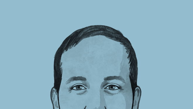 Drawing of a close-up of a man's face on blue background.