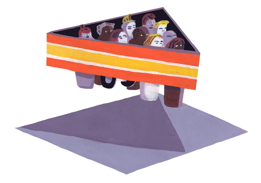 Illustration of humanised brown, white and purple ninepins as billiard balls stacked together in an orange and yellow striped rack, hovering above a purple rectangle with a darker purpler triangle coloured into it