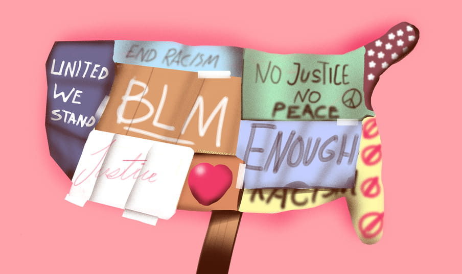 Colorful illustration of a Black Lives Matter sign against a pink background