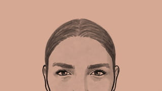 Black and white illustrated avatar of the author; within the frame the upper half of the face is visible, with tied-up hair, eyebrows and eyes with prominent eyelashes, set against a tinted dark pinkish background