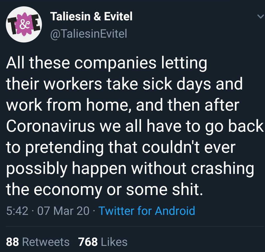 A tweet expressing concern that after the coronavirus epidemic is over, employers will withdraw work from home privileges on the pretext that it is bad for the economy.