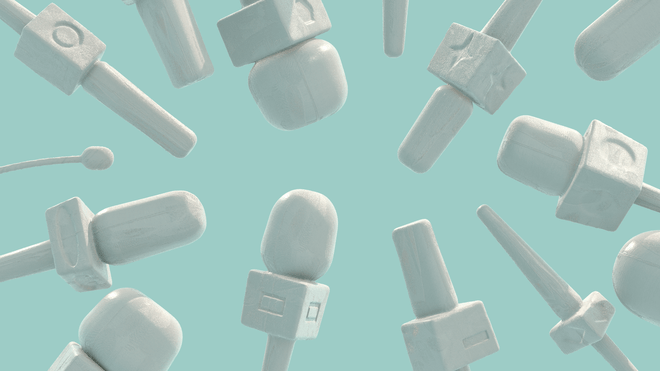 3D illustration of white news microphones coming in to the image from all sides on a pastel blue background