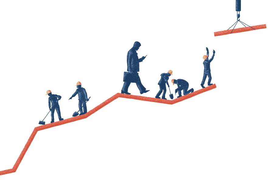 Illustration of construction working working on a graph together