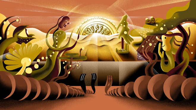 Illustration by Munir de Vries showing a coin as a rising sun.