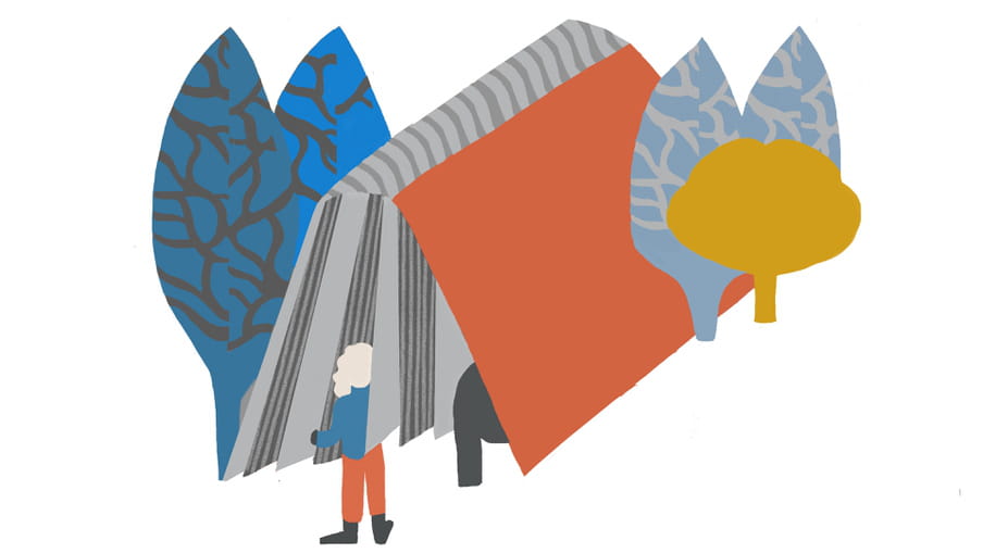 Colourful illustration of a non-descript woman in a blue top, orange trousers and black shoes entering a giant grey and orange book which is open, spine facing up. The book is sandwiched by four tree shapes of differing blues, and one small mustard coloured one