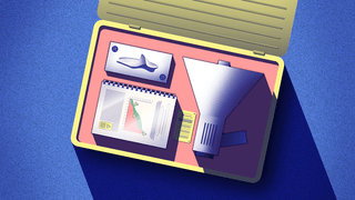Illustration of a survival kit box containing a tissue box, a scientific report and a megaphone.