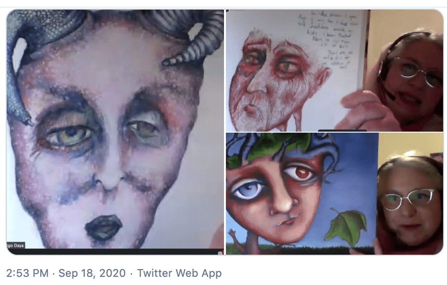 A screenshot of the author’s tweet containing a picture of Indigo Daya presenting at the ‘A Disorder for Everyone’ festival. She is holding up her paintings of the voices in her head - the ‘beast’ and the ‘judge’. They look fearsome and forbidding. In a third painting, she shows the beast transforming into a more benign. friendly creature that she calls ‘the injured lover’.