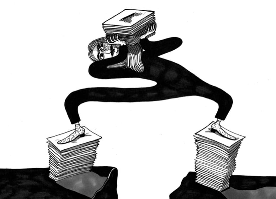 This black-and-white illustration shows a person standing on two piles of papers trying to balance out several more papers in their hands.