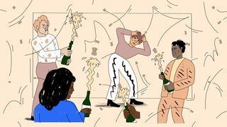 Illustration of people taking the corks of champagne bottles, hitting someone without a bottle in the middle