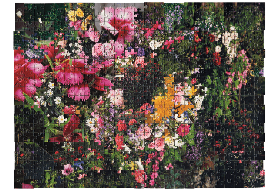 Photo of a puzzle, combining pieces from different types of images together to create new landscape. Here several pictures of bouquets of flowers are combined. 