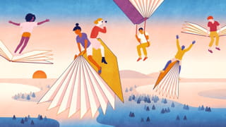 Colourful illustration with tones of blue, pink and mustard yellow showing people flying on books.