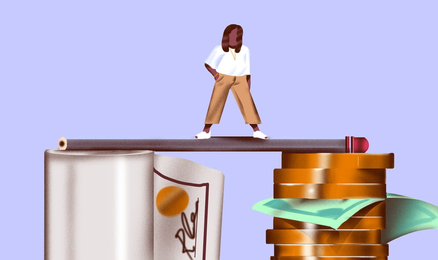 Illustration of a person standing on a huge pencil that connects a rolled up diploma and a stack of coins against a purple background. 