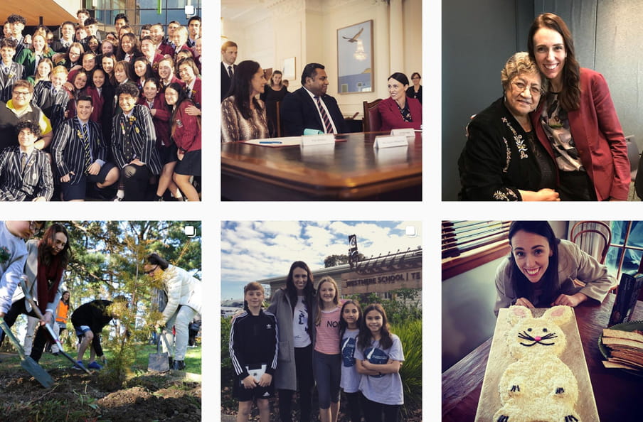 Instagram screenshot of her planting trees, a photo of her and some kids, her with a easterbunny cake, her at work, and her posing with a group of school children.