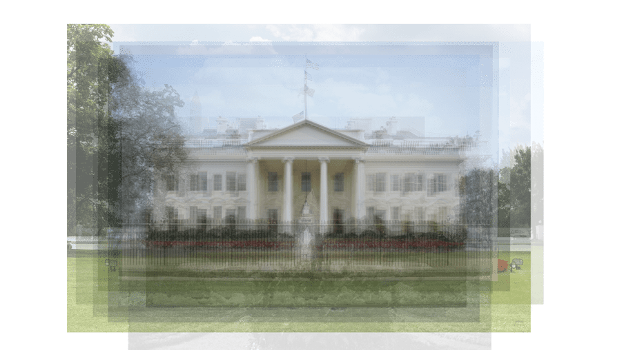Multiple transparent images of the White House, seen from the front, are layered on top of each other. On all the edges the quantity of images is visible. Together they show a blurred image of the White House with a fence around the garden and red flowers. 
